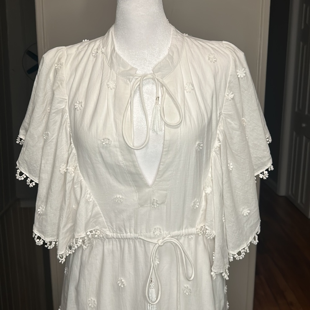 Farm Rio 3D Flower Floral Embroidered Eyelet Cotton Beaded Tie Dress Size Small - Picture 5 of 11